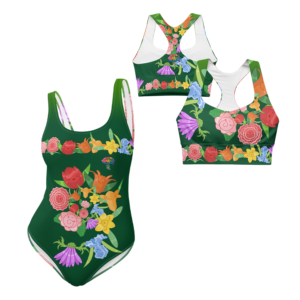 Kawaii Universe - Cute Emerald Fibonacci Florals Sports Bra or Swimwear