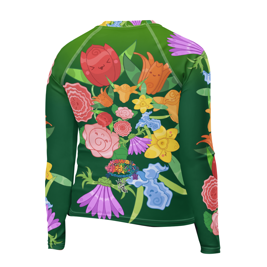 Kawaii Universe - Cute Emerald Fibonacci Florals Toddler to Tween Unisex Rash Guard