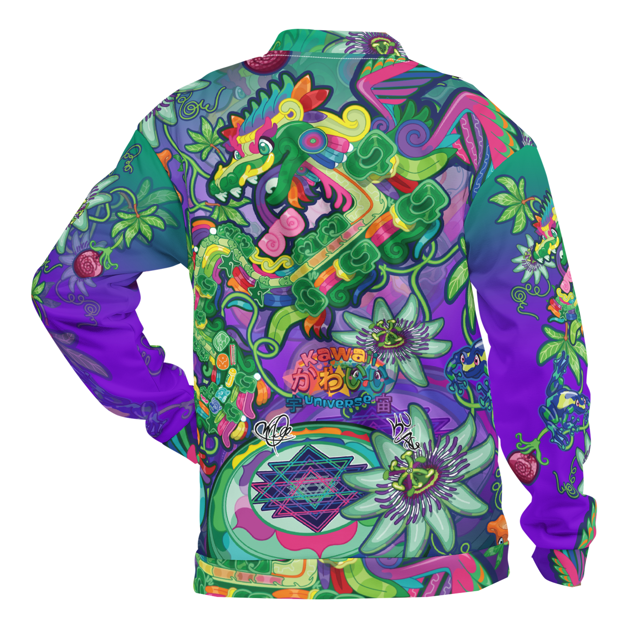 Kawaii Universe - Cute Year of The Dragon Quetzal Collab DrWillTatu Designer Unisex Zipup Bomber Jacket