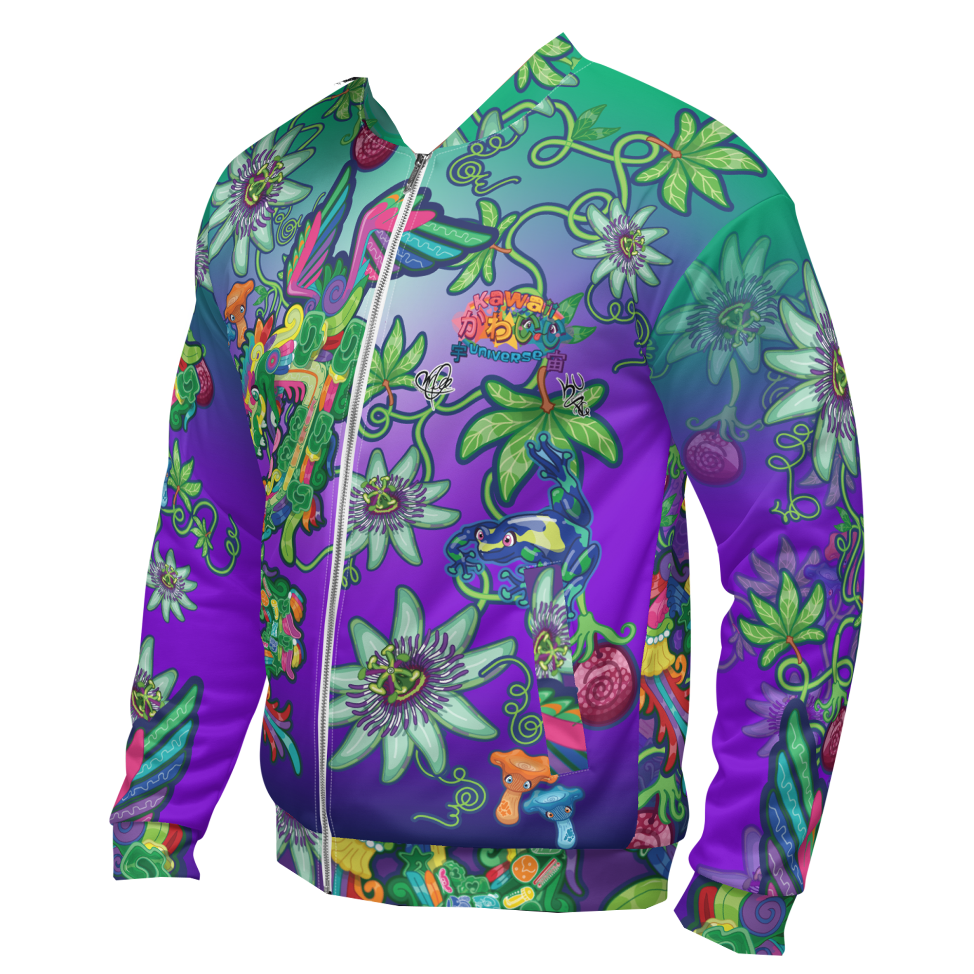 Kawaii Universe - Cute Year of The Dragon Quetzal Collab DrWillTatu Designer Unisex Zipup Bomber Jacket